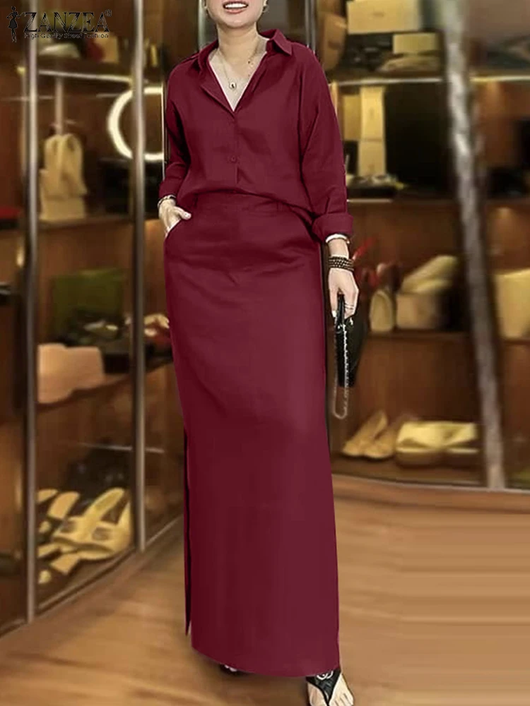 

ZANZEA Women Sets Vintage Solid Long Sleeve Shirts Maxi Skirts Elegant OL Work Suits 2025 Casual Outfits Dress Matching Sets