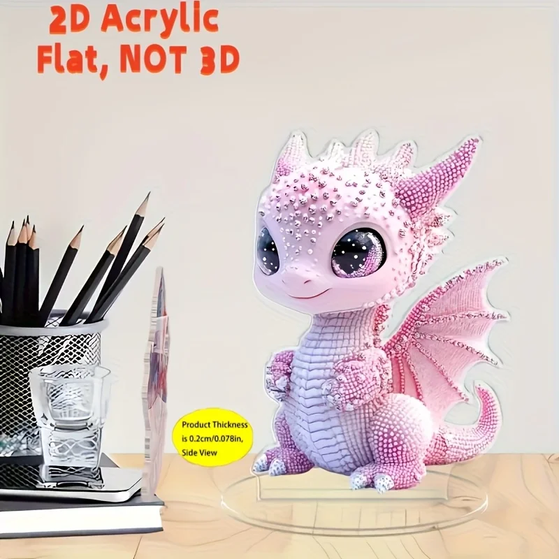2D Flat Plane Elegant Pink Crystal Dragon Statue - 2D Art Renaissance Style, Decorative Reptile-Themed Acrylic Desktop Ornament,