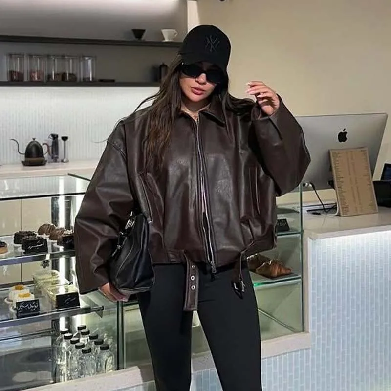 

YENKYE European And American Style Women With Belt Faux Leather Jacket Front Zipper Long Sleeve Autumn Winter Loose Coat