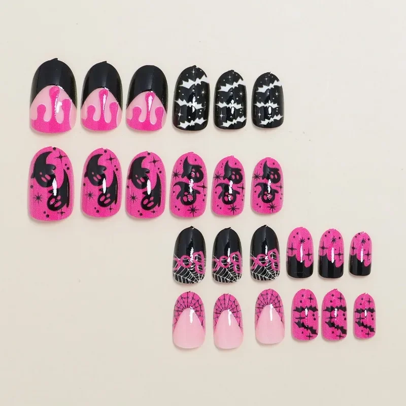 24-delige Halloween korte kunstnagels Lange nepnagels om lijm te plakken Druk op nagels voor vrouwen Korte spinnenweb Spookachtige nageltips