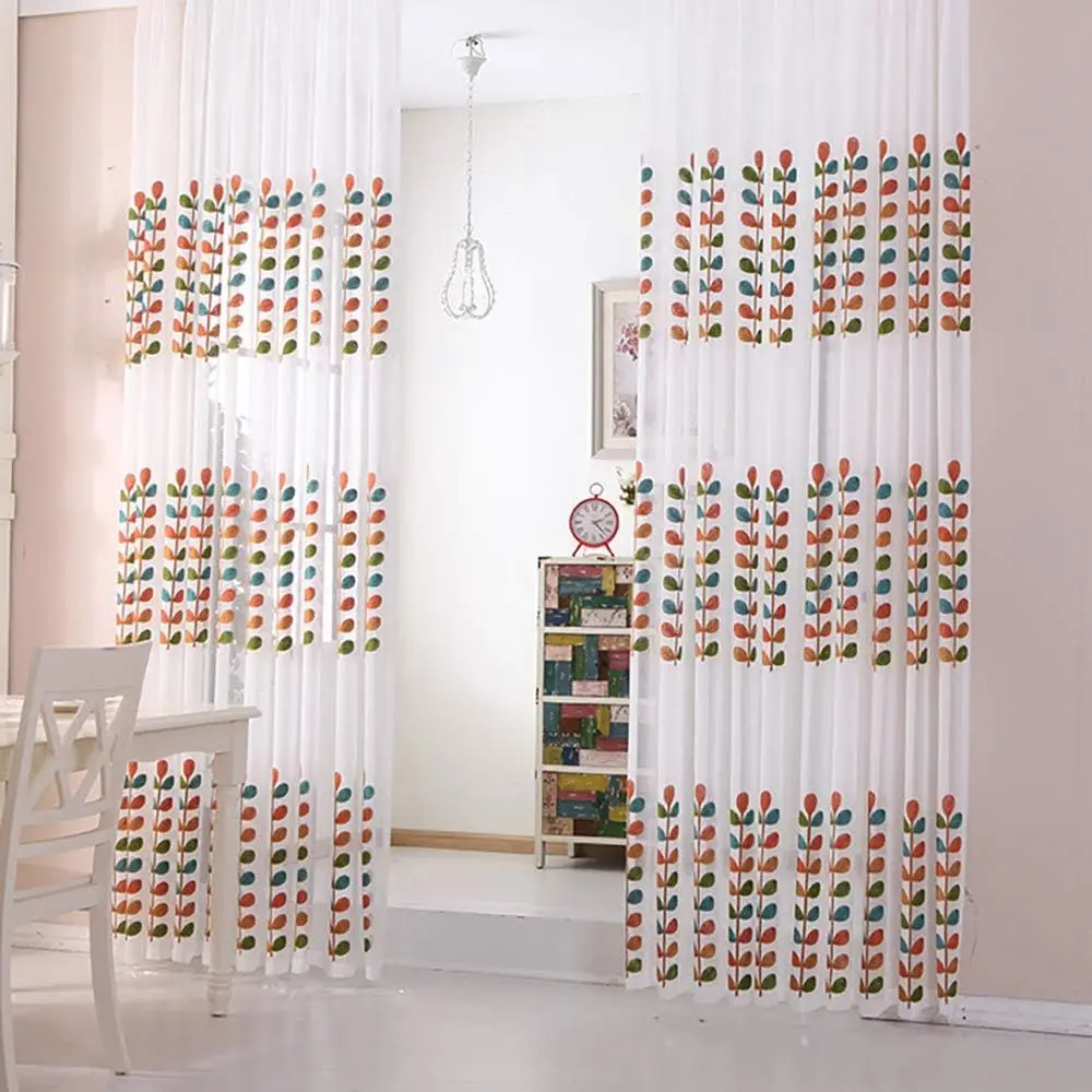 Cortinas transparentes brancas bordadas com folhas coloridas, 60 L x 106 L, conjunto de 2 para sala de estar e quarto