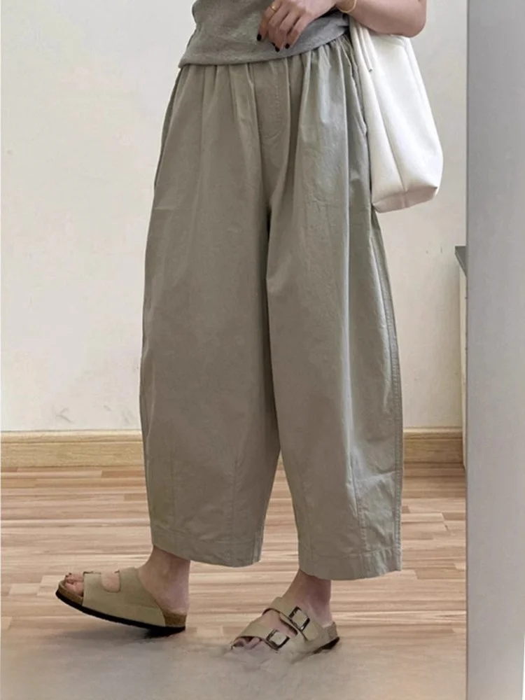 Pantalones de pierna ancha sueltos retro Pantalones de globo finos de tamaño pequeño coreano de verano para mujer Pantalones casuales de pierna recta de algodón de cintura alta Tr...