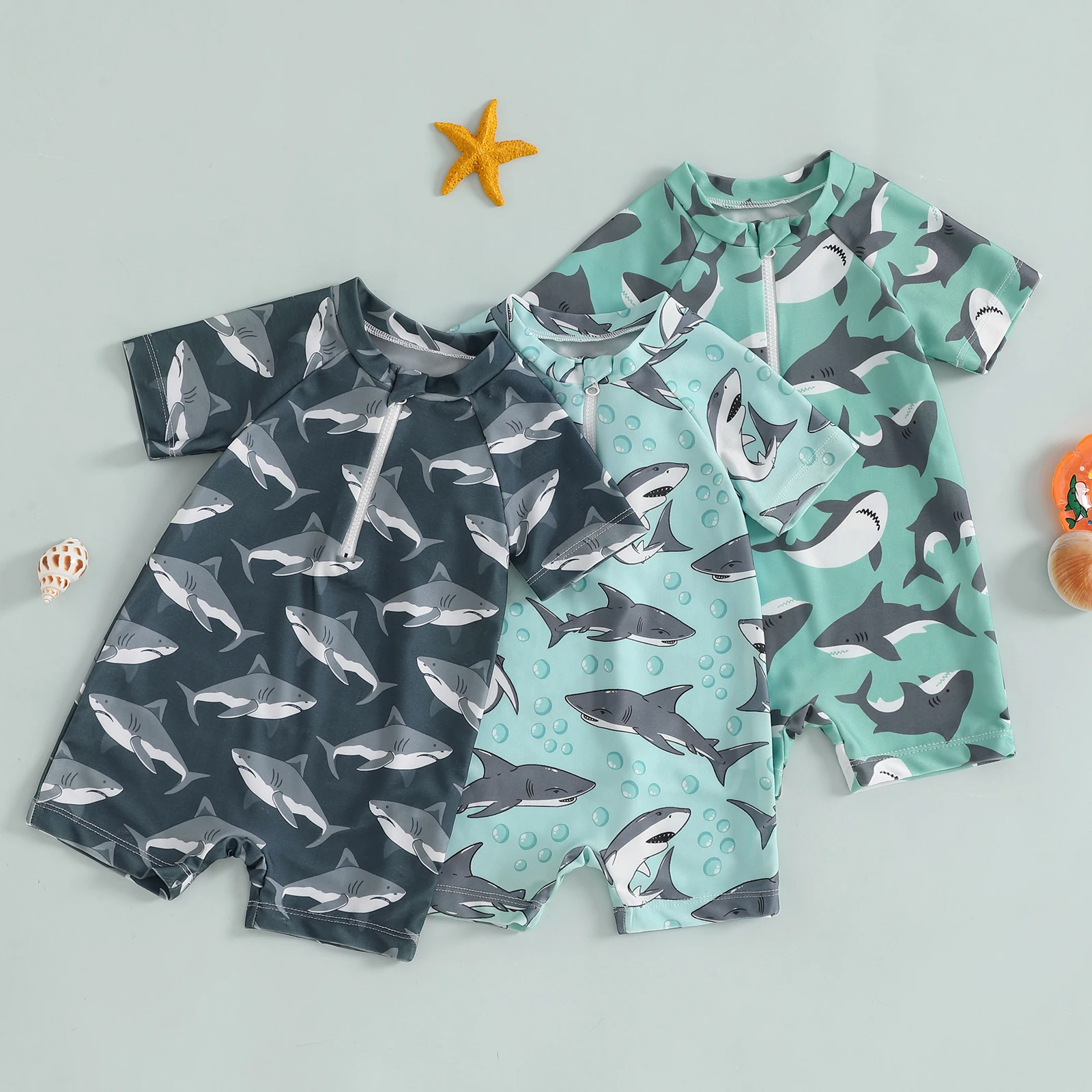 Toddler Boy Swimsuit Short Sleeve Mock Neck Shark Print Zip Up Rash Guard Bathing Suit