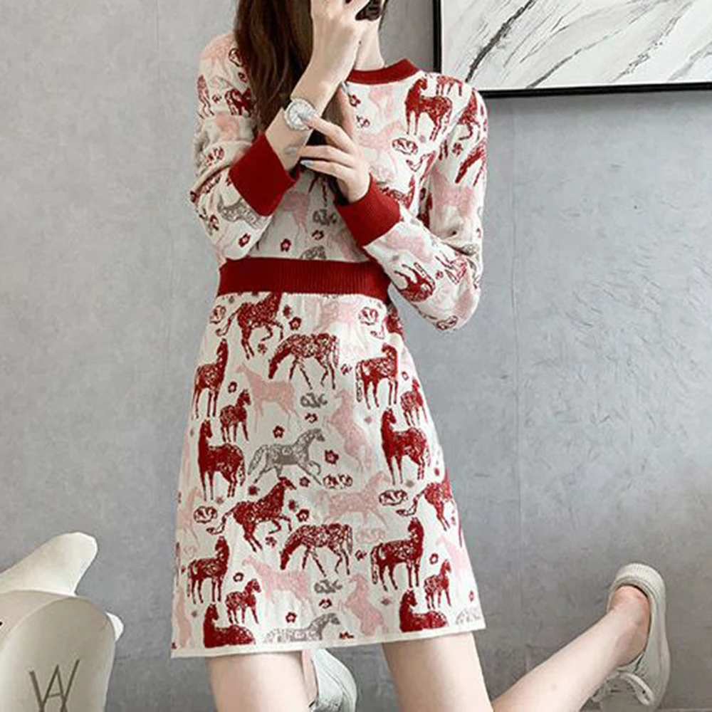 

2025 spring and autumn new small print fashion splicing temperament women's knitted dress