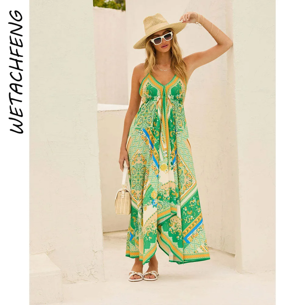Sexy Elegant V Neck Floral Maxi Dresses Women Summer Holiday Boho Beach Evening Printed Slip Dress Clothes 2025 Fashion Robe
