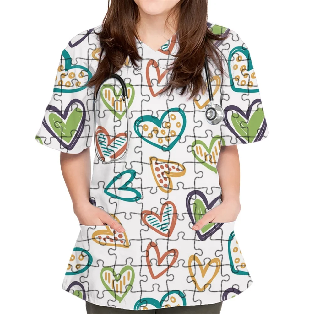 Scrubs Medical Uniforms Woman Elegant Heart Print Clinical Uniform V-Neck Patch Pocket Short Sleeve Top Women's Medical Uniforms