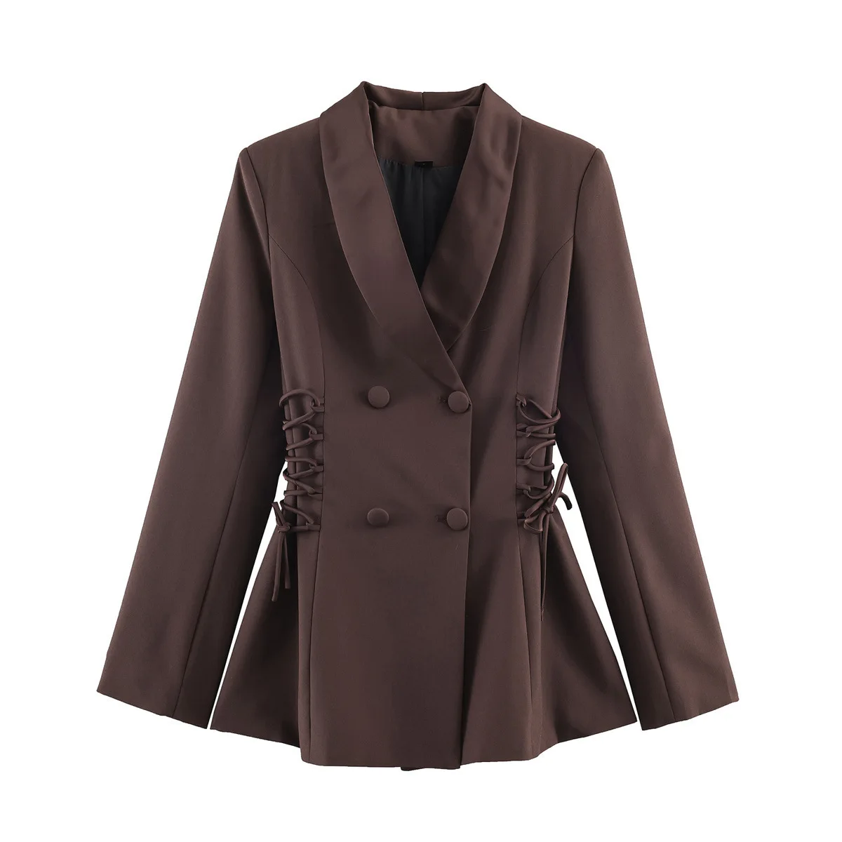

Women's Fashion Casual Satin Patchwork Lace-up Brown Double Breasted Collar Lace Up Detail Jacket For Office Evening Wear C51Z