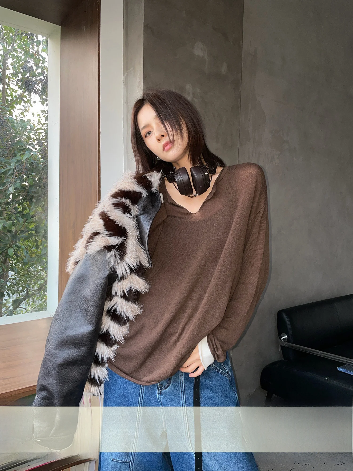 

JCCC adow New Year Soft 00% Wool V-Ne Color Blo Lazy Versatile Knitted Overhead Sweater Loose Fit Long Sve Warmth