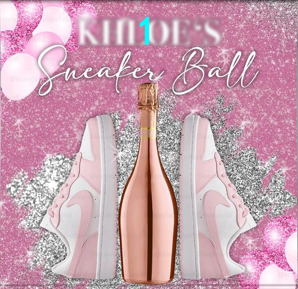 Custom Pink Sneaker Champagne Bottle Silver Glitter  Gala Sparkle shoes Birthday  backdrops party background