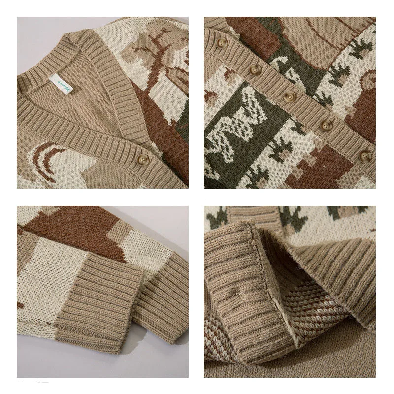 الرجال البلوزات خمر سترة الخريف الشتاء الكرتون محبوك ملابس خارجية شيك الذكور عادية فضفاض تريكو Harajuku زر معاطف