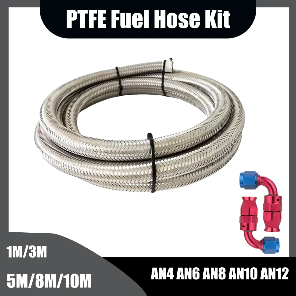 1M/3M/5M/8M10M AN4 AN6 AN8 AN10 AN12 Universal Fuel Hose Oil Gas Cooler Line Pipe Tube Inside PTFE Nylon Stainless Steel Braided