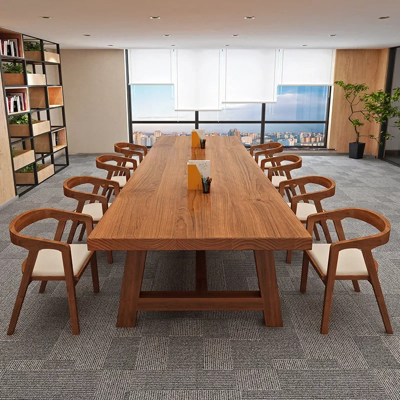 for Solid Wood Conference Table Long Desk Negotiation Table and Chair Set Simple Modern Log Loft Writing Desk