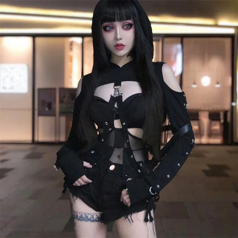 Black Gothic Crop Top Women Hoodies Punk Sweatshirt Off Shoulder Lace Up Hooded Pullover Cat Ear Short Style Female Jacket Coat