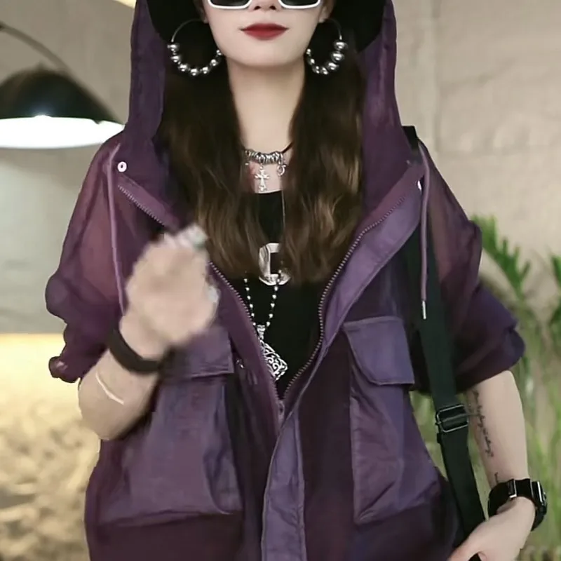 2026 European High-end Breathable Sheer Thin Sun-protective Shirt for Women New Loose Hiding Top Trendy Hooded Drawstring Jacket