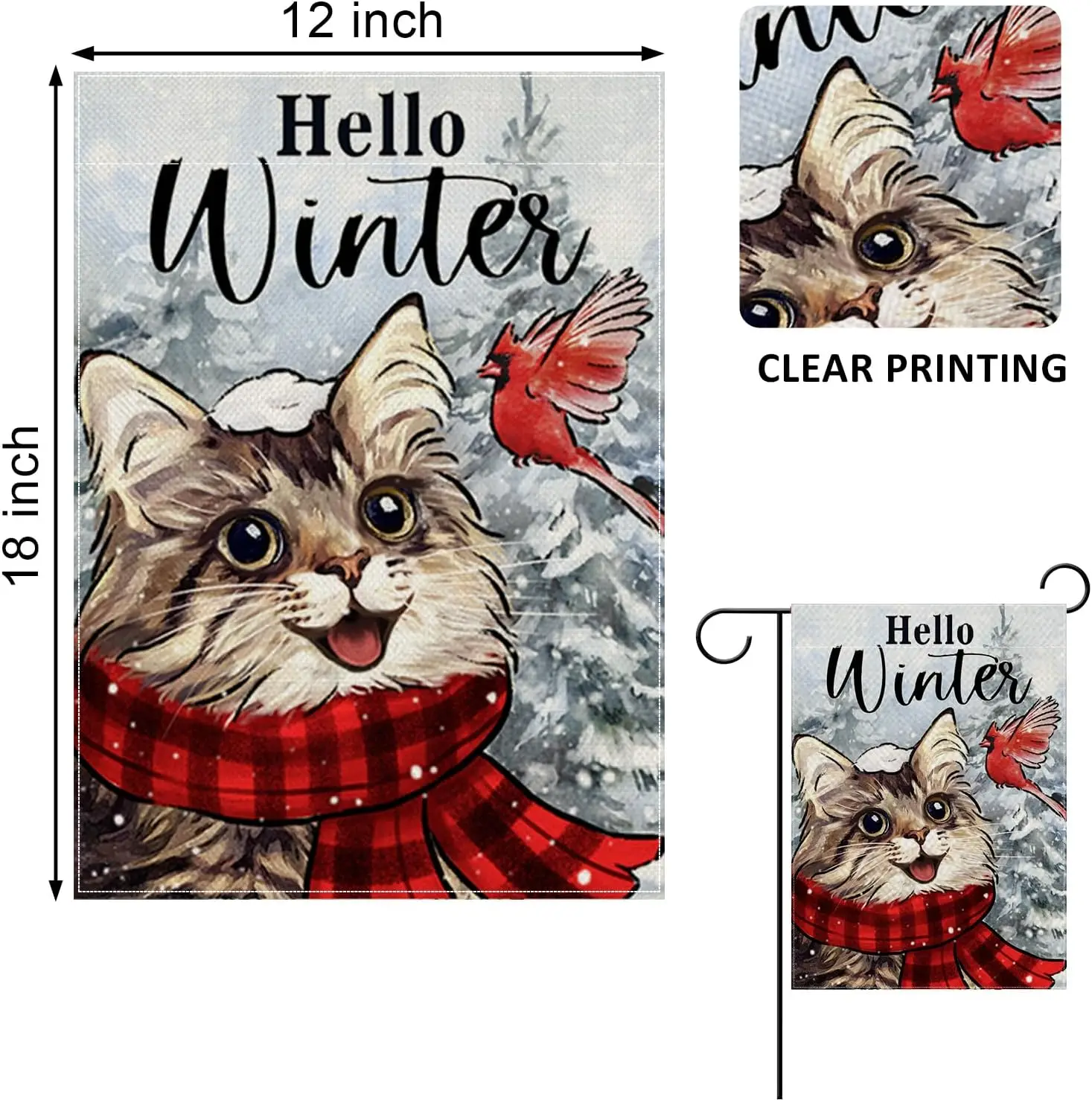 Hello Winter Cat Cardinal Decorative Garden Flag, Kitty Kitten Scarf Red Bird Pine Tree Snowy Yard Outside Decorations, Christma