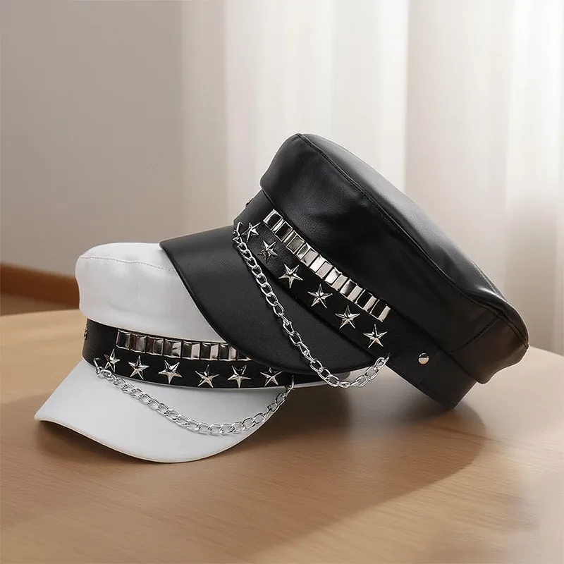 

New Fashion Unisex Rivet Hat Y2K Punk PU Leather Rivets Hat Adult Hip Hop Street Dance Skull Hat Punk Style Cool Octagonal Caps