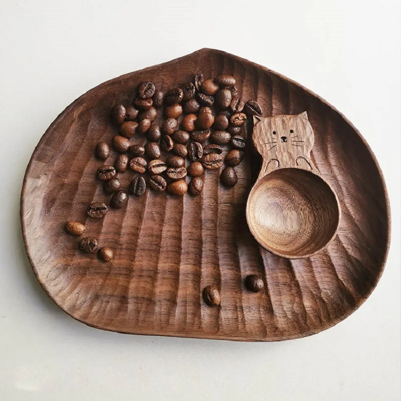 Hand-carved Black Walnut Wood Plate with Carvings of Chestnut, Pinecone, Mushroom and Small Tree Pattern