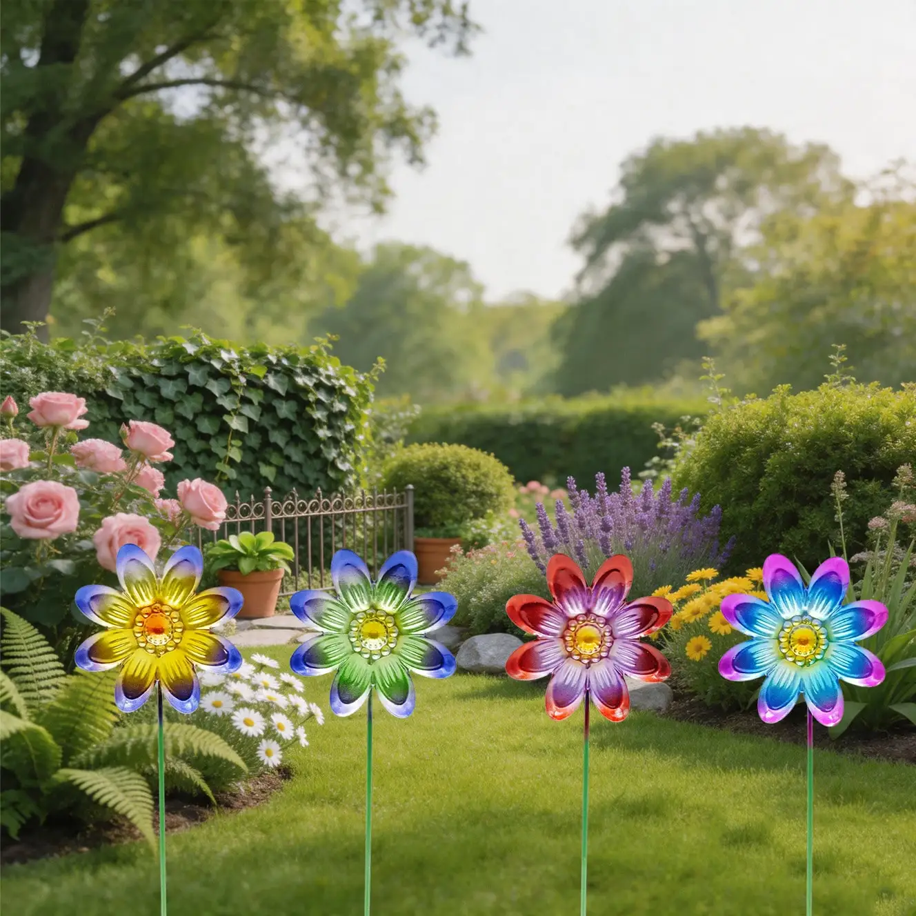 4-Piece Outdoor Metal Multicolor Flower Garden Stakes | Durable and Vibrant Garden Decorations