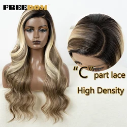 FREEDOM Synthetic Lace Front Wigs for Women C Part Wig Ombre Brown Rose Red Color Body Wave Lace Wigs Highlight Cosplay Wig