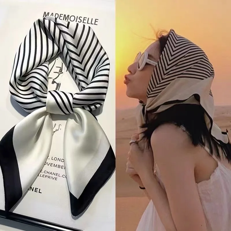 Luxury Imitation Silk Scarf Black And White Striped Head Wrap For Women Multifunction Silk Feeling Neckerchief