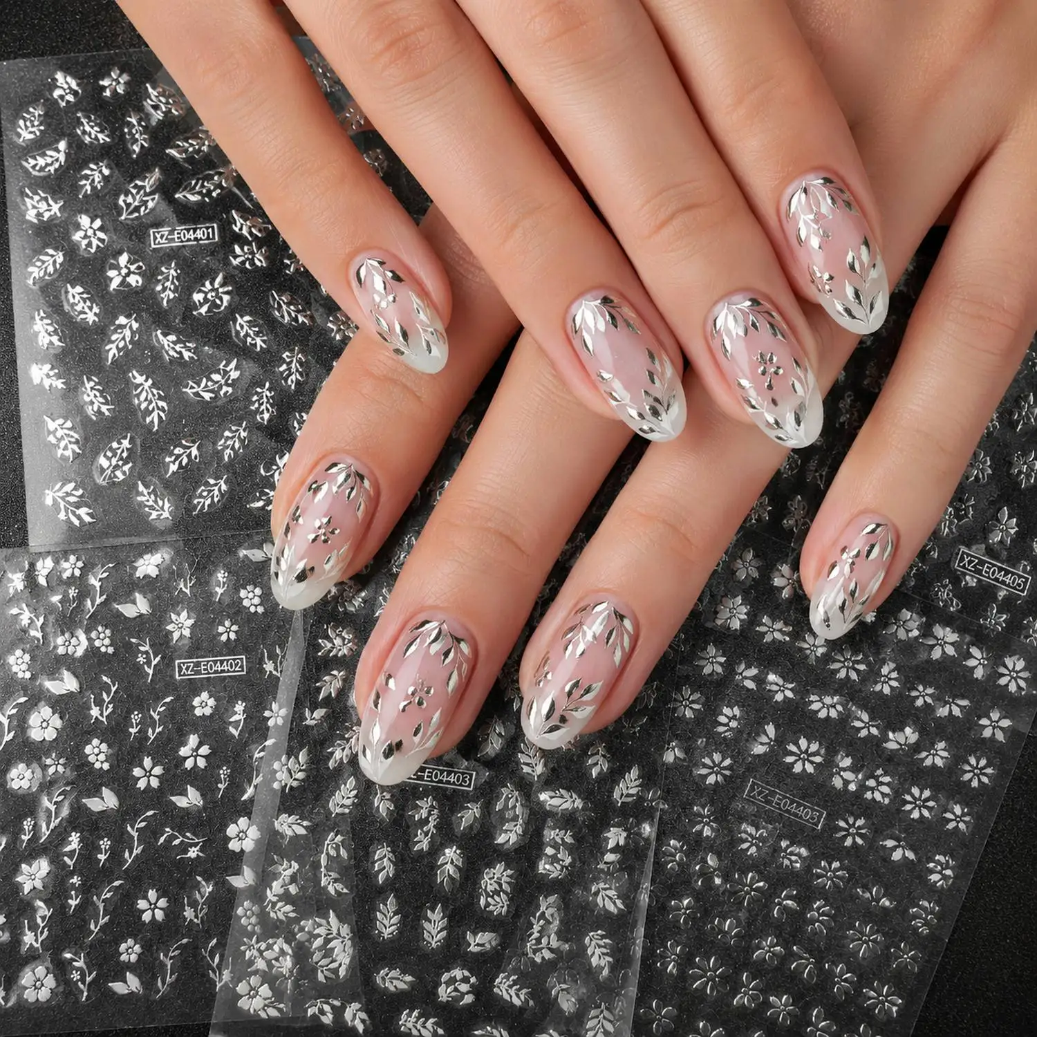 6Pcs Reflective Flash Silver Flowers Nail Stickers Silver Sheen Buds Silver Flowers Nail Decal Luxury Feel  Flowers Nail Slider