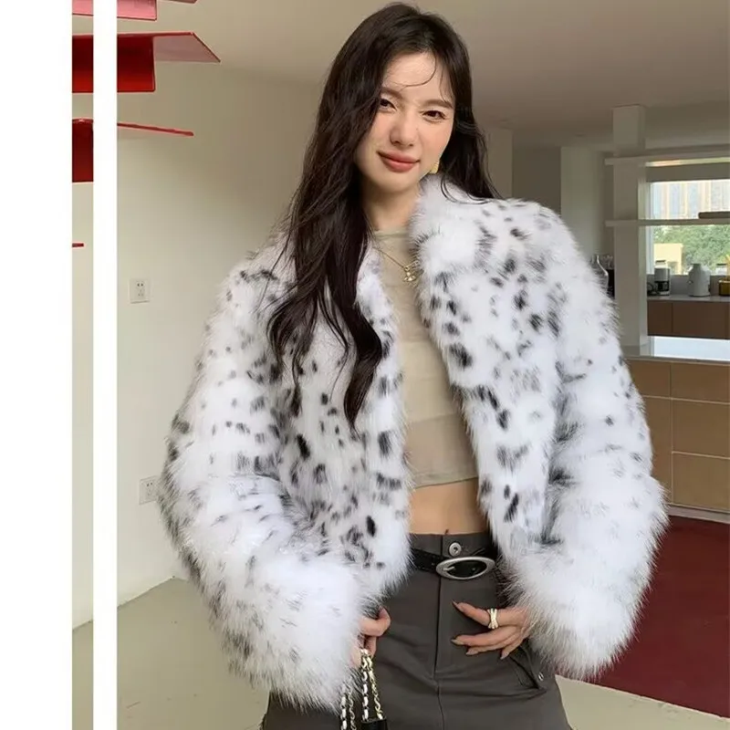 Women Faux Fur Short Coats Jackets Turn Down Collar Leopard Print Coat Thick Warm Y2k Streetwear Jacket Outerwear Autumn Winter
