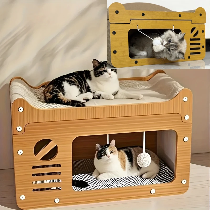 Large Cat House with Scratching Board Indoor Cat Shelter for Resting and Playing Easy Assembly Suitable for Multi-Cat Families