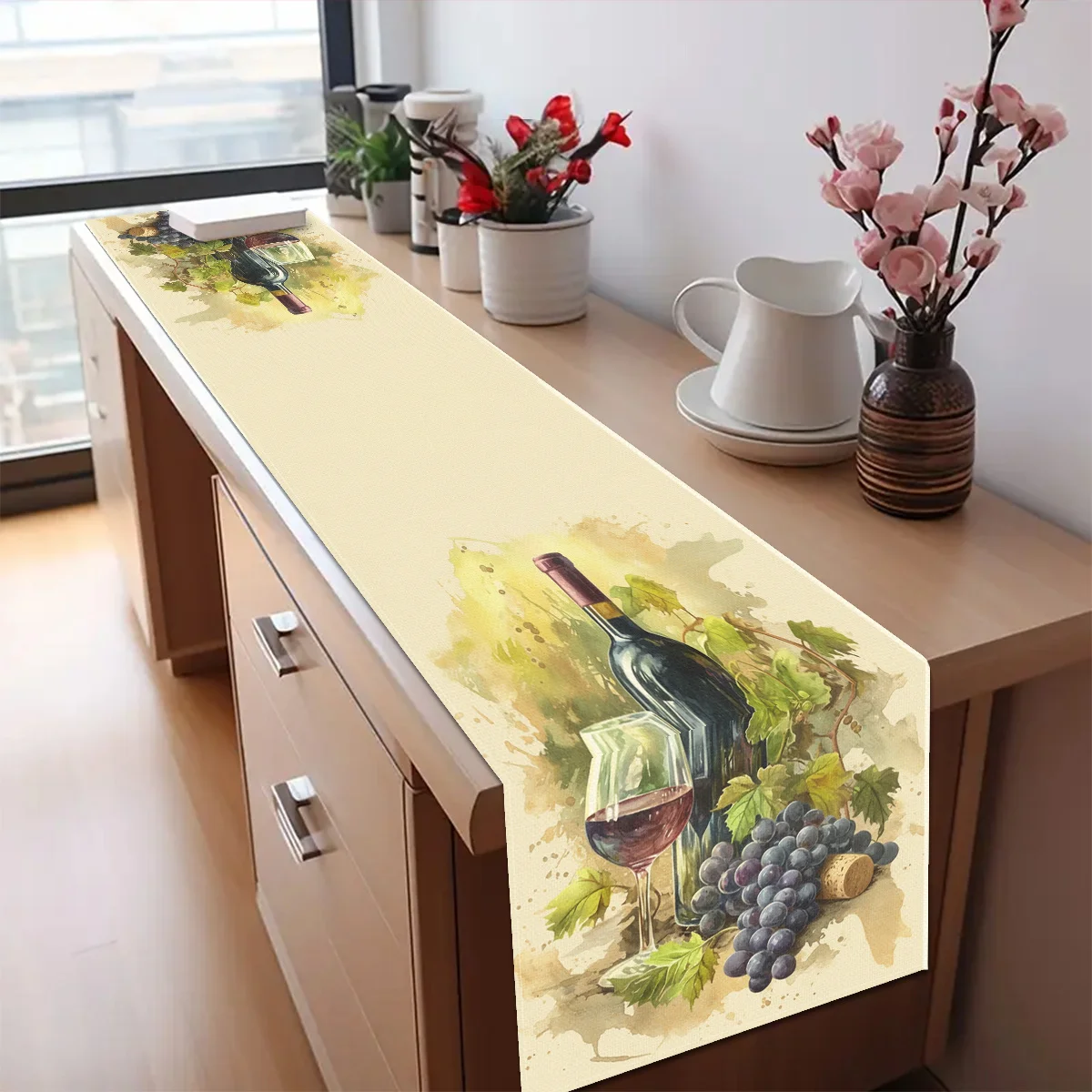 Table Runner Grape & Wine Theme Watercolor Design with Grapes Wine Bottles & Glasses Design Farmhouse Kitchen Anniversary Dining