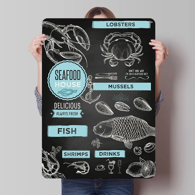 Seafood House Blackboard Metal Poster Custom Wall Art Retro Vintage Tinplate Signs for Man Cave Bedroom Decoration Gaming Home