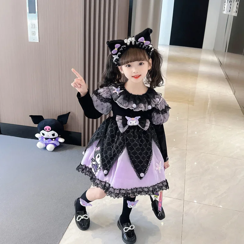 Sanrio Girl Cosplay Kuromi Kawaii Dress Autumn Winter Long Sleeved Princess Dress Little Devil Cos Christmas Girl Holiday Gift