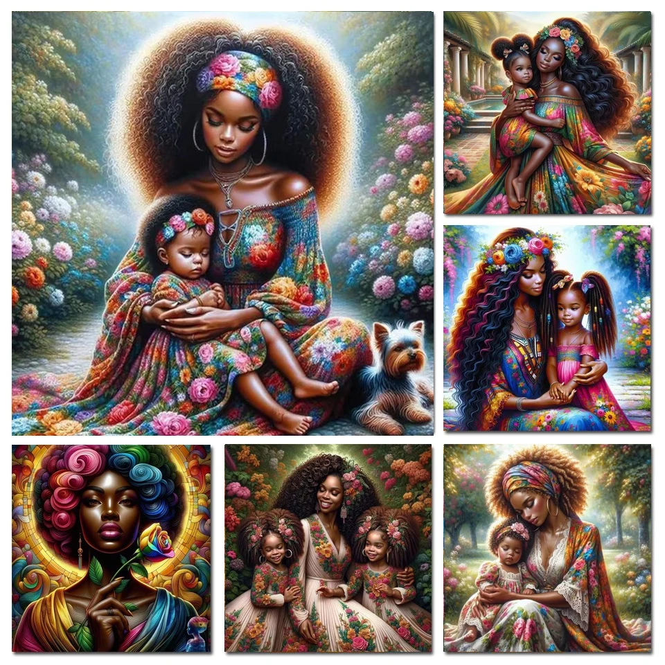 Diamond Art Painting New Collection Cross Stitch Kits Beautiful African Mother Girl Flowers Diamond Mosaic 5D DIY Embroidery