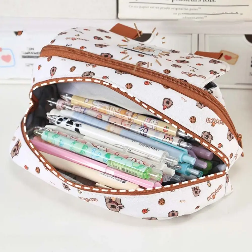 Kawaii Letter Capybara Pencile Bag Anime Zipper Cartoon Pencile Case Large Capacity Lipstick Bag Capybara Makeup Bag Travel