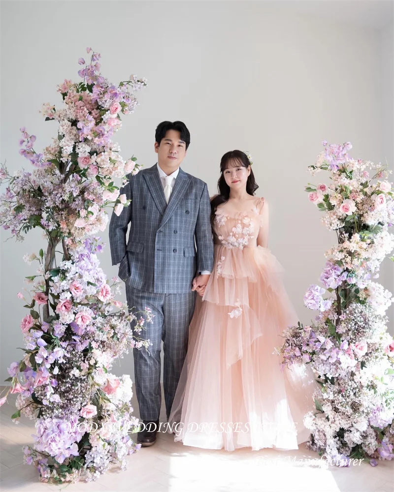 Suknie ślubne MODX Fairy Blush Pink Tulle Korea sesja zdjęciowa ramiączka spaghetti kwiaty warstwowe suknie ślubne ogrodowe wieczorowe