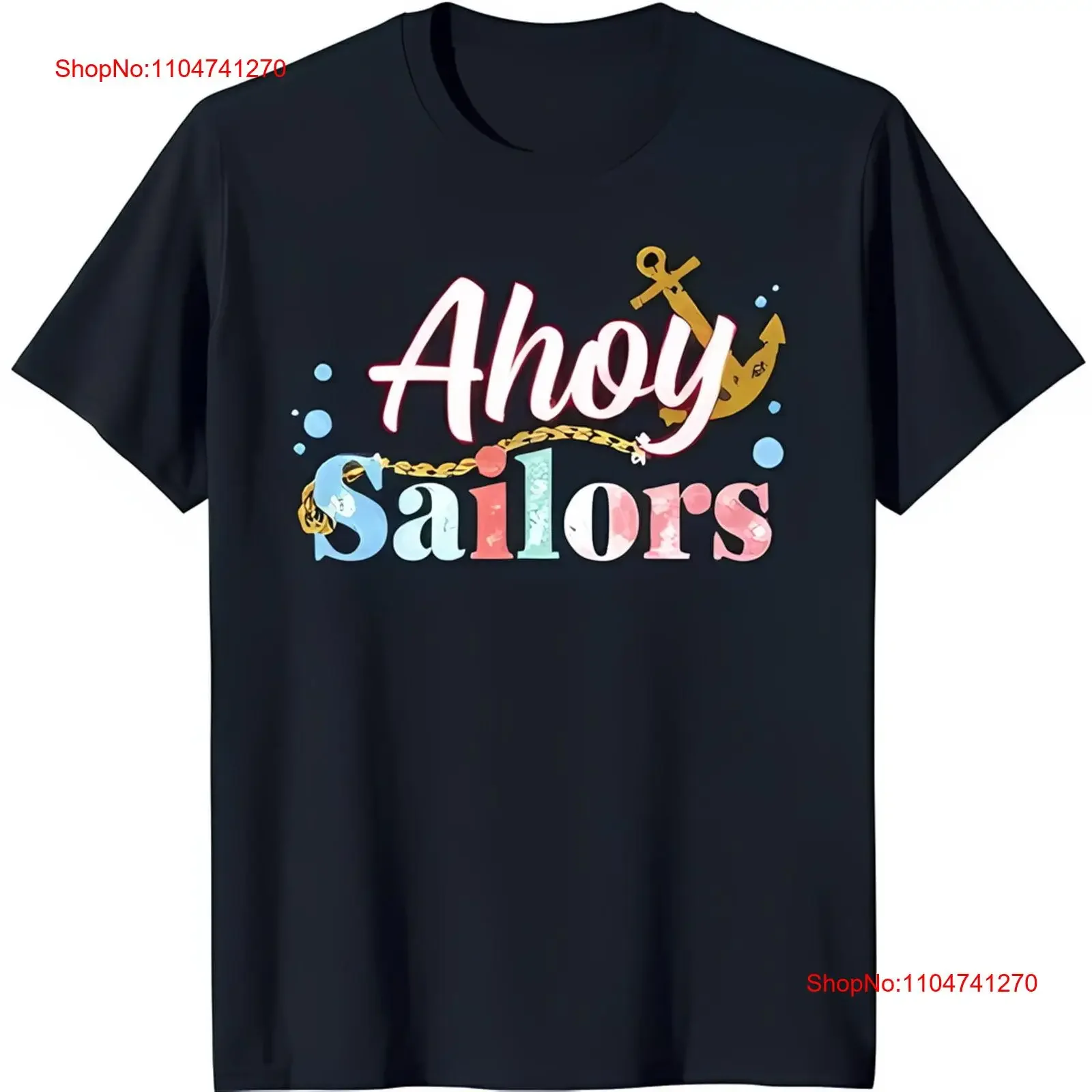 تي شيرت Ahoy Sailors باللون الأسود بتصميم ملون، قماش ناعم مسامي، عتيق مغسول كاجوال، رسم أنيق