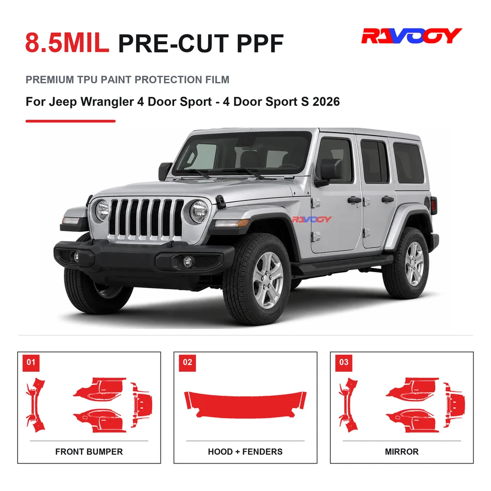 Precut PPF For Jeep Wrangler 4 Door Sport - S 2026 8.5mil TPU Clear Paint Protection Film Self Healing Hydrophobic UV