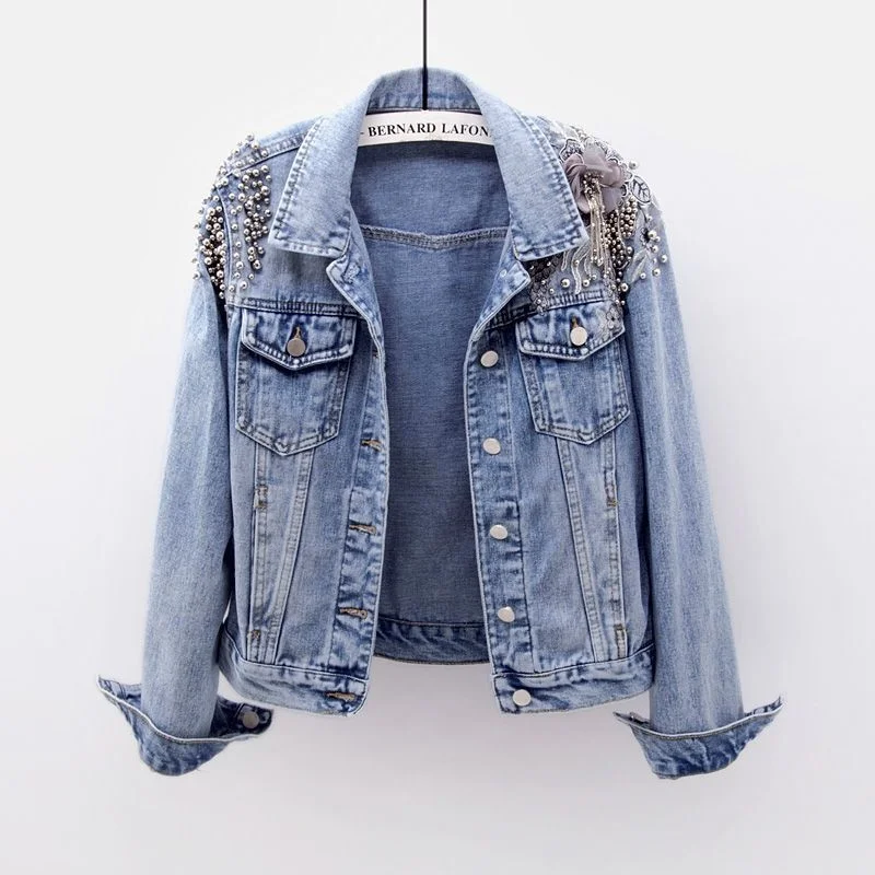 Vintage Blue Beading Embroidery Denim Jacket Coat Women Slim Short Cowboy Outerwear Big Pocket Long Sleeve Jeans Jacket Female