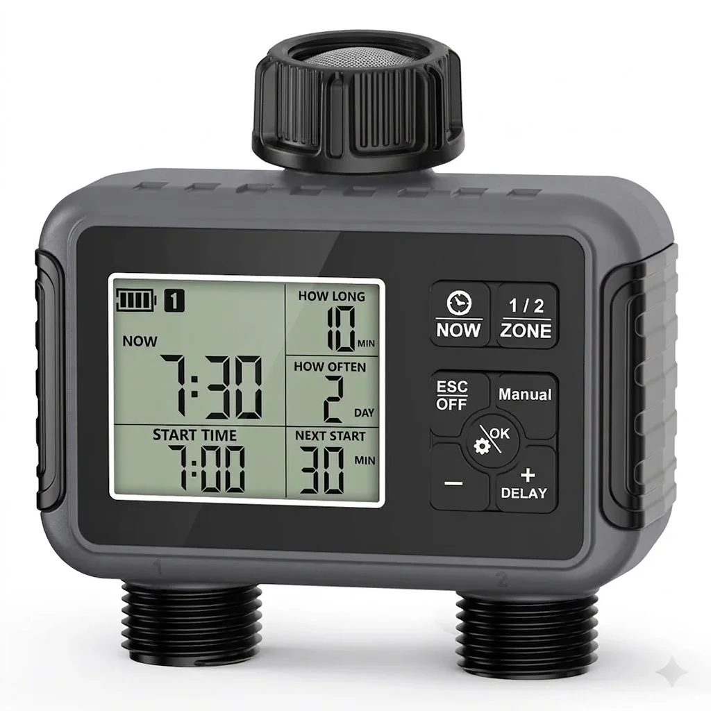 Programmable Dual Outlet Water Hose Timer Rainproof Irrigation Controller with Rain Sensor for Automatic Garden Watering Needs