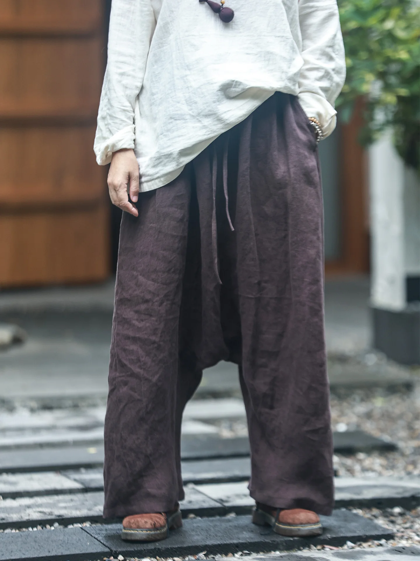 

Loose Comfortable Haax Casual Trousers Elastic Waist Harlan Long Pants Ecological Fall Leaves Purple Coffee Floral Fraance