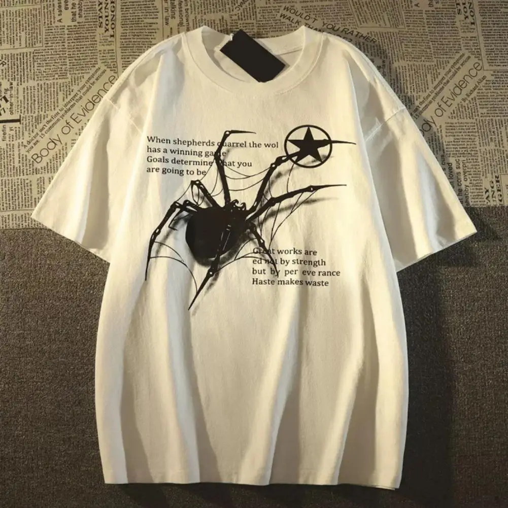 Men Summer T-shirt 3D Spider Print Round Neck Loose Short Sleeves Cotton Pullover Mid Length Casual Daily Top