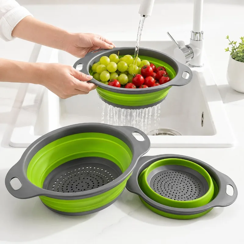 1pcs Fruit Vegetable Washing Basket Foldable Strainer Silicone Colander Dish Collapsible Drainer Filter Kitchen Storage Tool