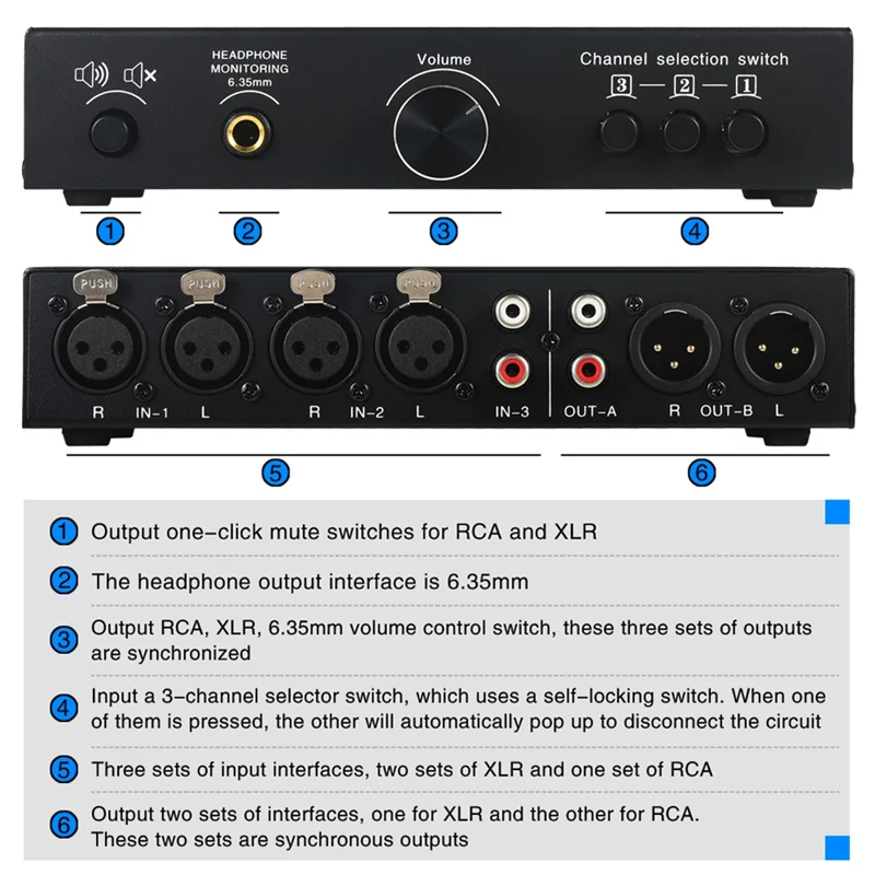 LYNEPAUAIO Front Active Speaker Volume Controller 3 In 3 Out Fully Balanced Audio Signal Selector Switcher XLR Switcher Passive-
