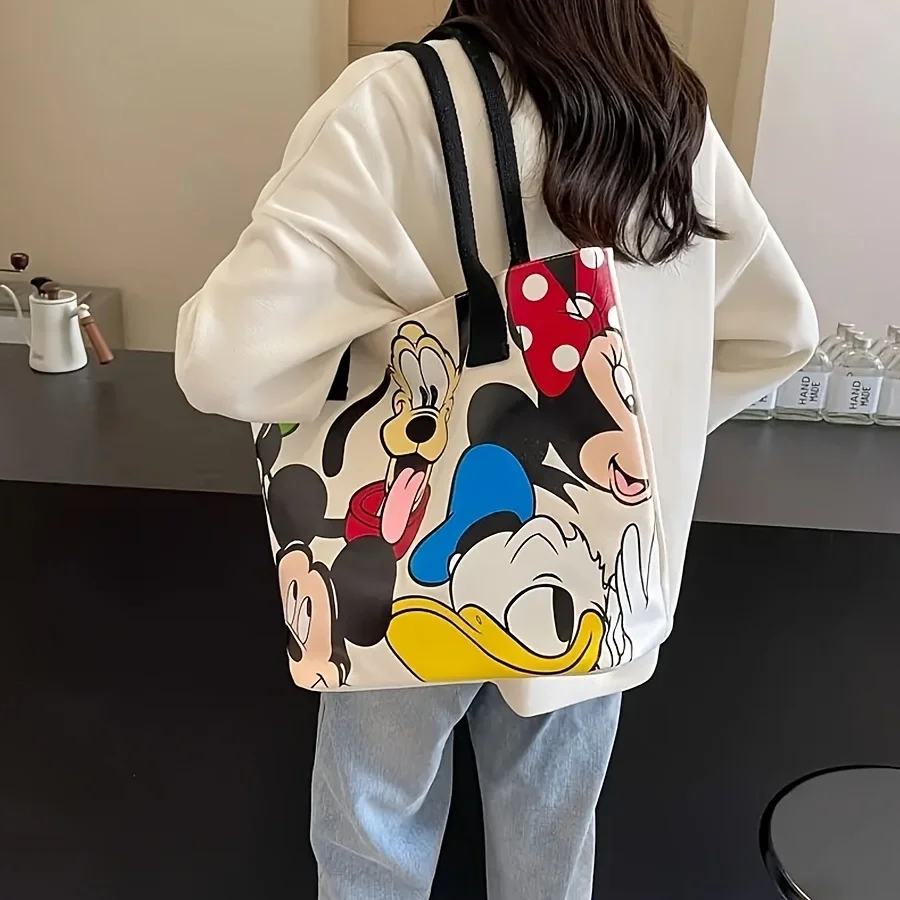 Borsa tote in tela Disney di grande capacità con cartoni animati di Topolino - Borsa a tracolla alla moda da donna con cerniera e chiusura a bottone