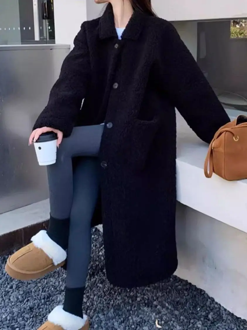 

Черная куртка из меха ягненка с воротником из кожи и меха, осенне-зимнее женское пальто в корейском стиле, свободный крой, высокая талия