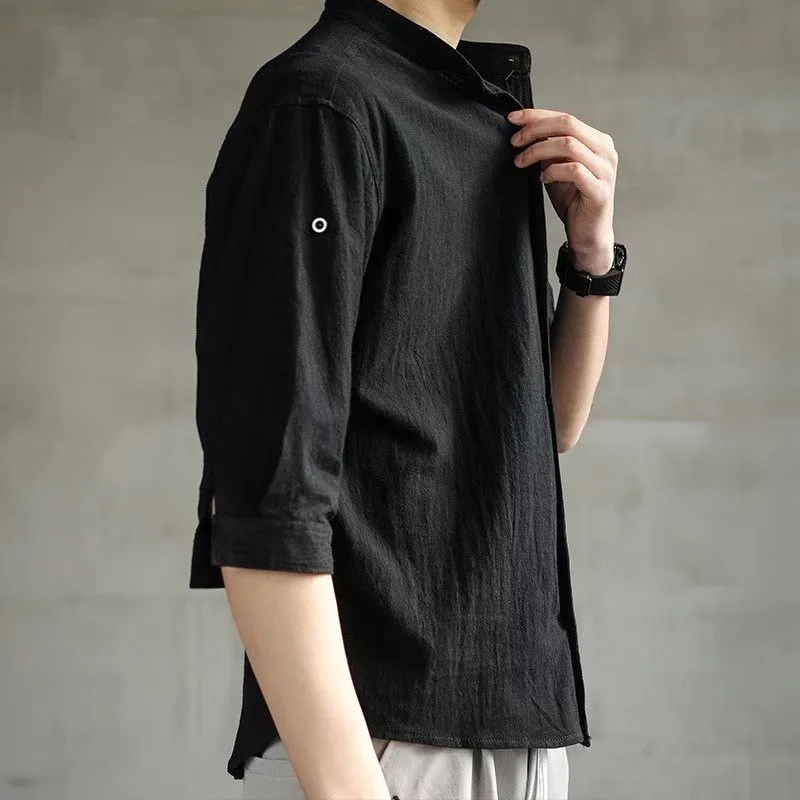 

Loose Fit Cotton Linen ort Sve irt Men's Summer New Sle Faion Brand Youth ular Stand Collar Seven Quarter Sve