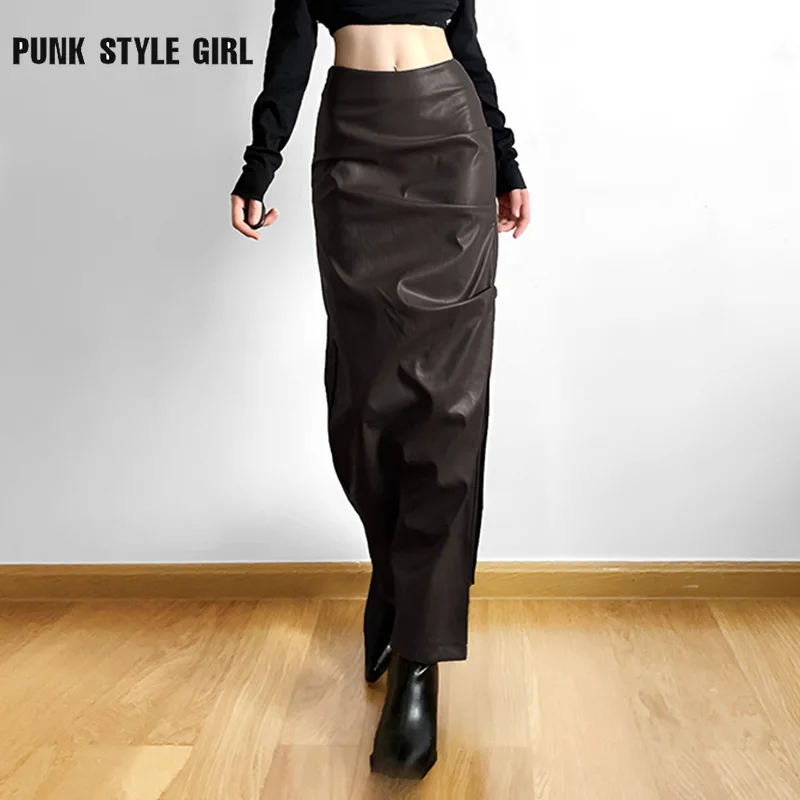 High Split PU Leather Vintage Wrap Women's Skirt Streetwear 2024 Autumn Winter Punk Hip Hop Bandage High Waist A-Line Skirts