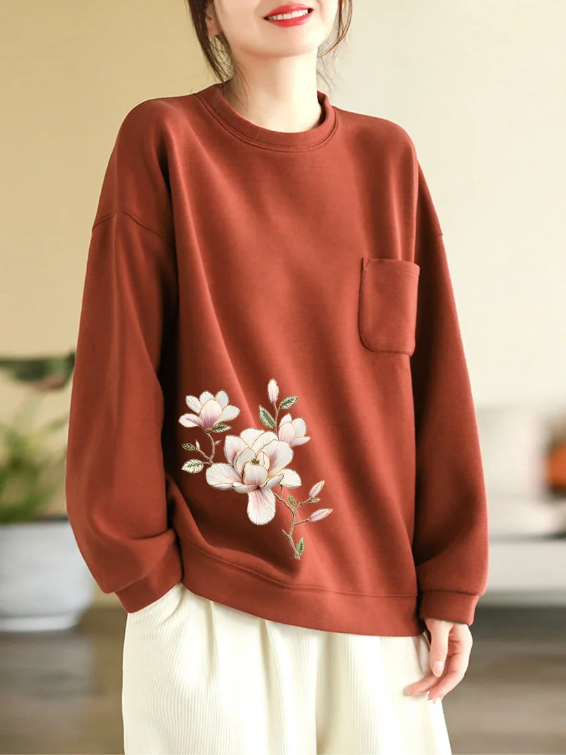 

Pure Cotton Long Sleeve Hoodie Women's Clothing Autumn Winter New Style Pocket round Neck Large Size Outerwear Artistic