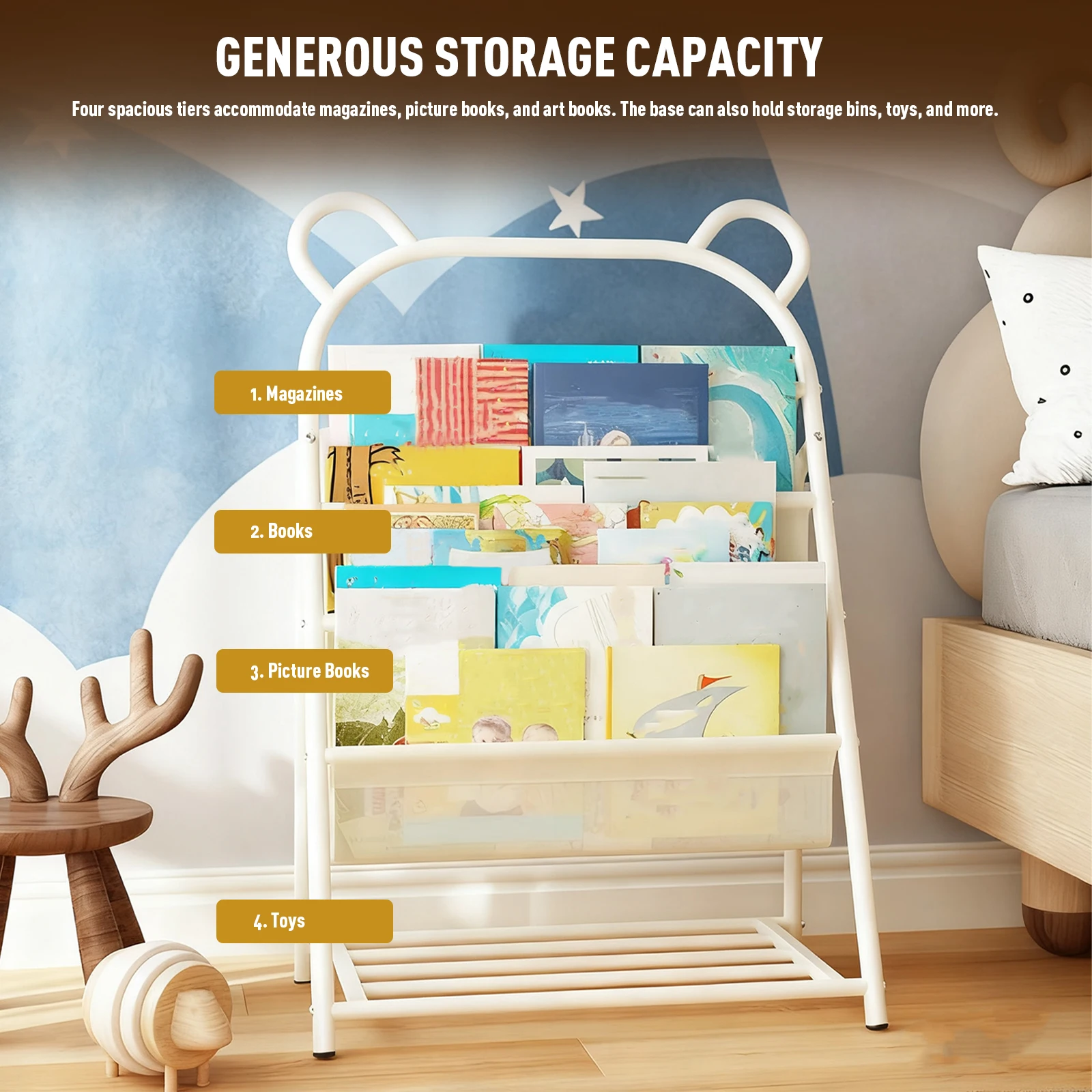 

4-ярусная детская книжная полка 60x37x96 см, металлическая стойка для книг, для детской, библиотеки, класса, игровой комнаты