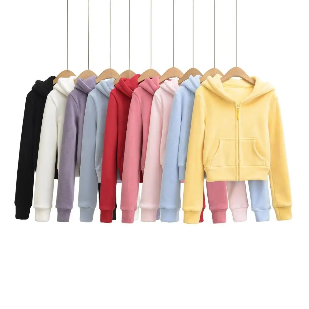 Women's Fall Winter Slim Fit Cropped Hooded Fleece Lined Sweatshirt Jacket & Velvet Fleece Flared Ropa Para Mujer