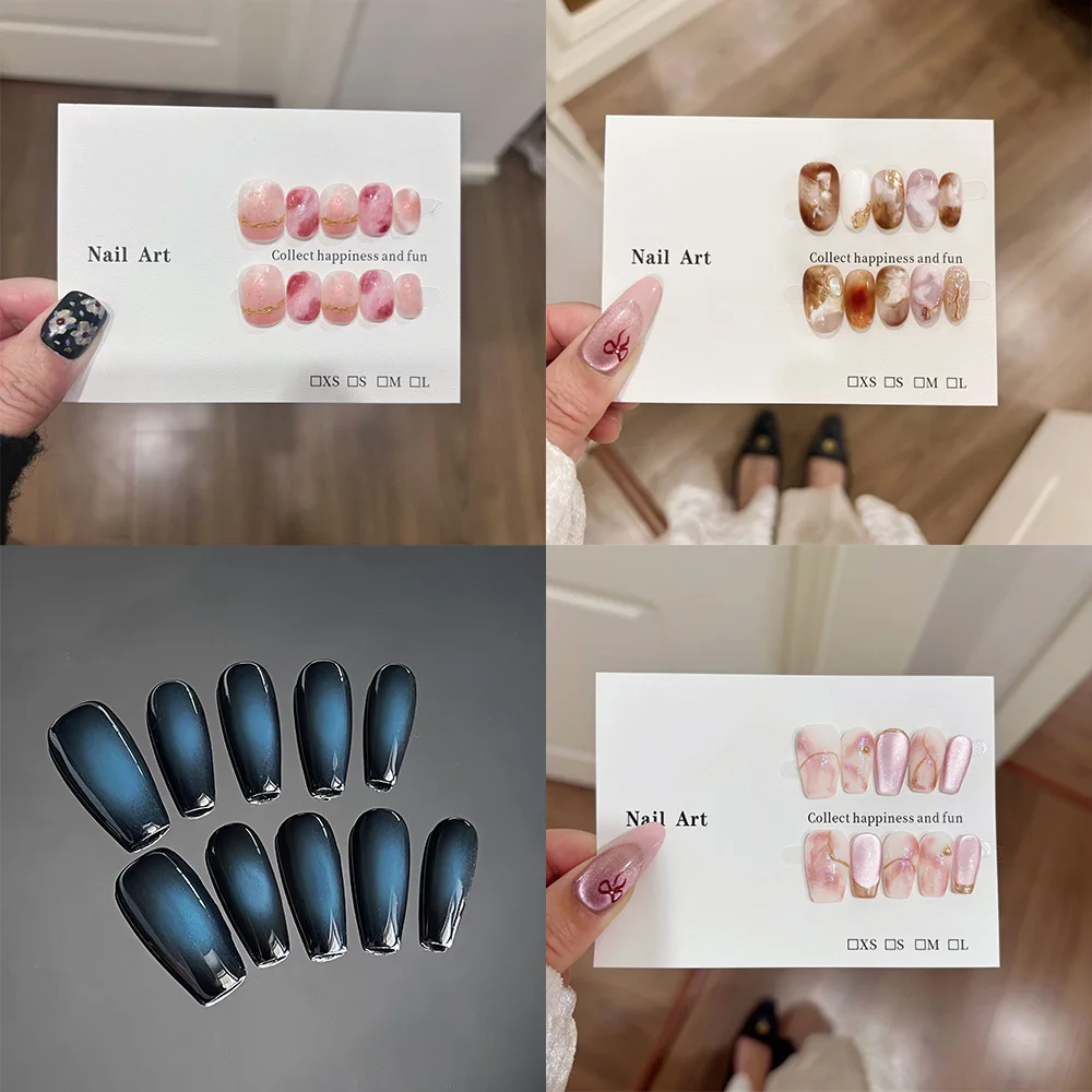 10 Stück Rosa Farbverlauf Kurze Künstliche Nägel Lange Schmale Aufklebenägel Schwarze Basis Blaues Katzenauge Tragbare Nagelspitzen für Partys