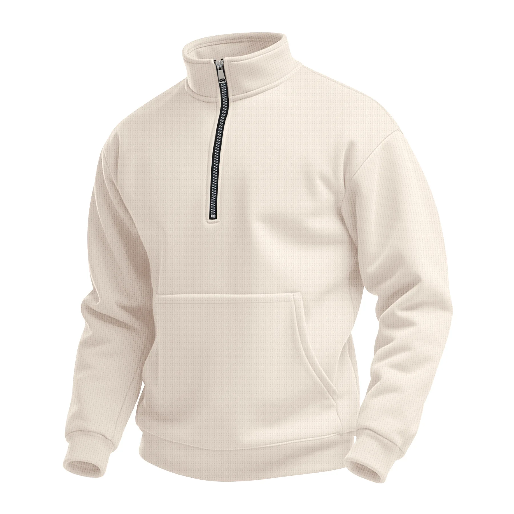 Men Autumn Waffle Knit Half Zipper High Neck Sweatshirt With Pocket Long Sleeve Loose Outdoor Casual Daily Male Tops